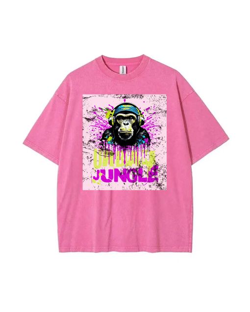 Urban Jungle Monkey Street Art Mineral Wash T-Shirt | Unisex Teens Beach or Casual Wear | Headphones & Cool Graphics | Classic Tee Gift Idea