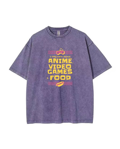 Anime Video Games Food Mineral Wash T-Shirt | Fun Beach Shirt for Teens | Cool & Classic Tee for Casual Wear, School, Summer Holidays | Unisex