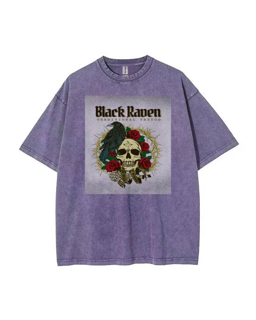 Black Raven Tattoo Skull and Thorns Unisex Teen T-Shirt - School & Weekend Casual Wear | Birthday & Holiday Gift - Men's Flannel/Oversized