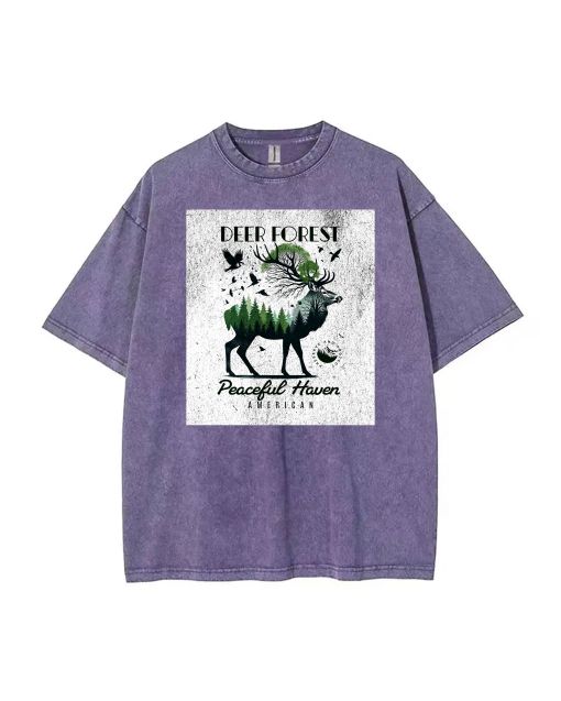 Deer Forest Peaceful Heaven Mineral Wash T-Shirt - Cool Unisex Beach or Casual Wear for Teens - Classic Gift for Summer Holidays