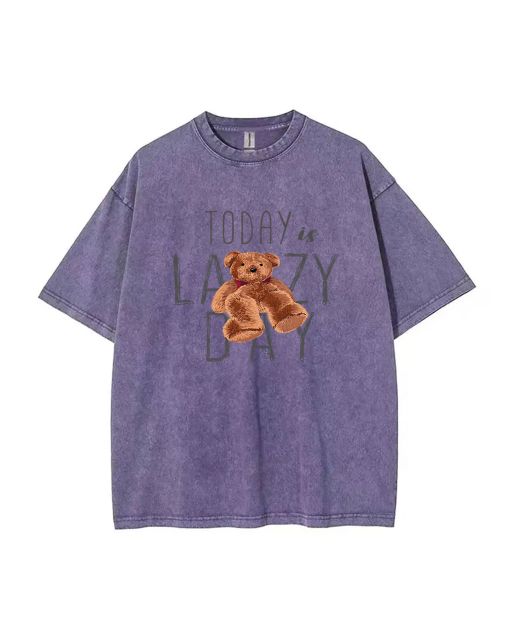 Lazy Day Mineral Wash T-Shirt with Teddy Print: Perfect for Unisex Teens | Cool Beach and Casual T-Shirt for Summer and Holidays