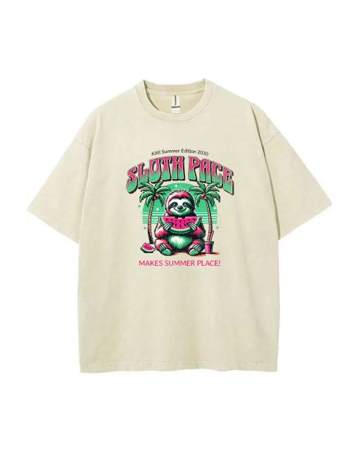 Lazy Sloth Eating Watermelon Tee - School & Weekend Summer Casual Wear | Teen T-Shirt for Birthdays & Holidays | Men's Flannel & Oversized Style