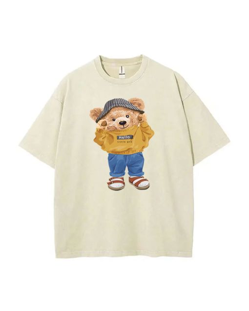 Teddy Hello Little Guy Mineral Wash T-Shirt - Unisex Beach Shirt for Casual Summer Style and Gift-Giving - Cool Classic T-Shirt for Teens