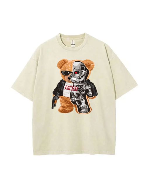 Teddy Robot Mineral Wash T-Shirt - Cool Unisex Beach Shirt for Teens - Perfect for Casual Wear, School, and Holidays - Classic Style