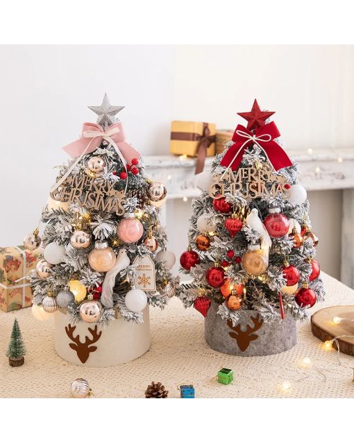 45/60cm Mini Christmas Tree With Lights DIY Desktop Golden Red Christmas Decorations 2024 New Year Home Party Windows Ornaments