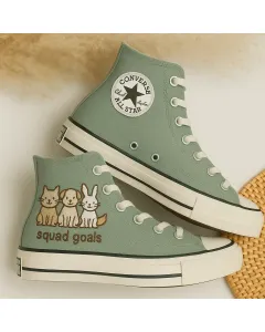 Animal Print Sage Green Sneakers for Women and Pet Lovers – Stylish Comfort for Casual Outings, Everyday Wear - Custom Embroidered - Main View