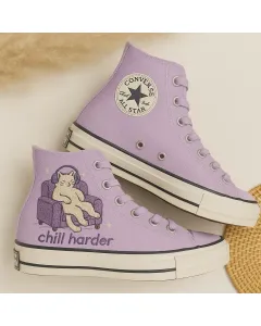 Cat Embroidered Lavender Sneakers for Cat Lovers, Trendsetters – Stylish and Comfortable for Everyday Wear, Casual Outings - Custom Embroidered - Main View