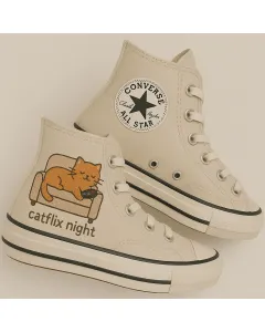 Catflix Embroidered Sneakers for Women Cat Lovers – Stylish Footwear for Casual Outings, Animal Adoption Events Perfect Gift for Cat Owners - Custom Embroidered - Main View