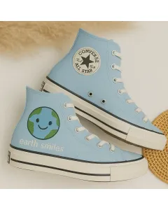 Comfortable Earth Smiles Canvas Sneakers for Nature Lovers, Outdoor Enthusiasts, Eco-friendly Individuals – Sustainable Style for Casual Outings, - Custom Embroidered - Main View
