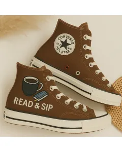 Cozy Read & Sip Sneakers for Book Lovers, Coffee Enthusiasts – Comfortable and Stylish for Casual Outings, Lounging - Custom Embroidered - Main View