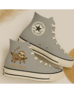 Cozy Sloth Gray Sneakers for Women, Animal Lovers, Casual Outings – Comfort and Style for Everyday Wear, Weekend Adventures - Custom Embroidered - Main View