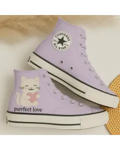 Custom Sneakers – Cozy Lavender Cat Embroidered Slippers for Women – Stylish Comfort for Relaxing Days At Home, Lounging Around - Custom Embroidered - Main View