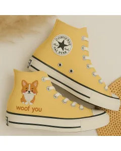 Cute Corgi Print Sneakers for Women, Dog Lovers, Animal Rescue Volunteers – Comfortable Shoes for Casual Walks, Pet Adoption Events for Pet Lovers - Custom Embroidered - Main View