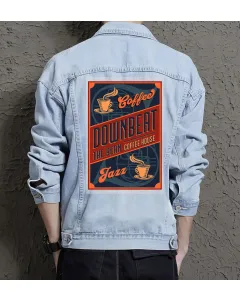 Downbeat the Bean Coffee - Jazzmusic Jean Jacket for Men – Gift for Music Enthusiasts – Christmas Gift - Light Blue - Main View