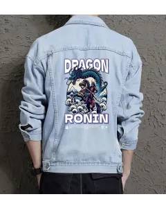 Dragon Ronin T-shirt Templatedesign Jean Jacket for Men – Gift for Urban Fashion Enthusiasts – Birthday Present - Light Blue - Main View