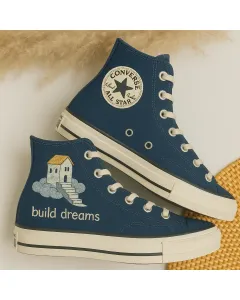 Dreamy Embroidered Navy Sneakers for Trendsetters, Fashionistas, and Dreamers – Unique Style for Casual Outings, Everyday Wear - Custom Embroidered - Main View