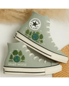 Earth Motif Canvas Sneakers for Nature Lovers, Outdoor Enthusiasts – Sustainable Style for Casual Wear, Everyday Outings - Custom Embroidered - Main View