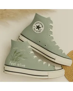 Earth Tone Sage Green Sneakers for Nature Lovers, Outdoor Enthusiasts – Stylish Comfort for Everyday Wear, Hiking - Custom Embroidered - Main View