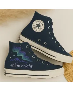 Embroidered Aurora Borealis Sneakers for Nature Lovers, Outdoor Enthusiasts – Unique Design for Hiking, Travel - Custom Embroidered - Main View
