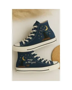 Embroidered Black Canvas Sneakers for Cat Lovers, Trendsetters & Moonlight Enthusiasts – Stylish & Comfortable for Casual Outings, Night Strolls for - Custom Embroidered - Main View