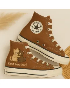 Embroidered Brown Sneakers for Men and Women – Unique Artistic Design for Casual Outings, Everyday Wear - Custom Embroidered - Main View