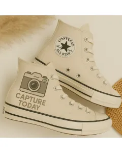 Embroidered Camera Beige Sneakers for Photography Enthusiasts, Travelers, and Urban Explorers – Unique Design for Casual Outings, Travel Adventures - Custom Embroidered - Main View