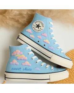 Embroidered Candy Clouds Canvas Sneakers for Kids, Teens, Adults – Stylish Comfort for Everyday Wear, Casual Outings - Custom Embroidered - Main View