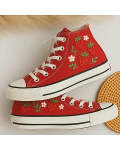 Embroidered Canvas Sneakers for Women, Teens, Girls – Stylish Strawberry Embroidery for Casual Outings, Picnics for Weddings & Festivals - Custom Embroidered - Main View
