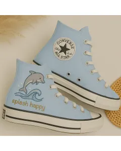 Embroidered Dolphin Sneakers for Women and Animal Lovers – Stylish Footwear for Casual Walks, Beach Days Perfect Gift for Marine Life Enthusiasts - Custom Embroidered - Main View