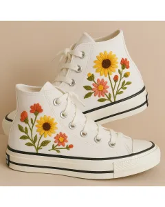Embroidered Floral Canvas Sneakers for Women, Girls, Teens – Stylish Comfort for Everyday Wear, Casual Outings - Custom Embroidered - Main View