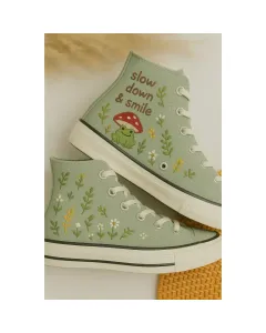 Embroidered Froggy Canvas Sneakers for Cottagecore Enthusiasts, Nature Lovers, and Trendsetters – Unique Embroidery Design for Everyday Wear, Outdoor - Custom Embroidered - Main View