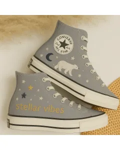 Embroidered Galactic Canvas Sneakers for Kids, Teens, Adults – Unique Bear Design for School, Casual Wear for Weddings & Festivals - Custom Embroidered - Main View