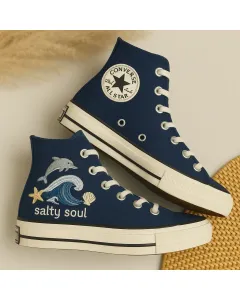 Embroidered Ocean Blue Canvas Sneakers for Men, Women, Kids – Stylish Comfort for Everyday Wear, Beach Outings - Custom Embroidered - Main View
