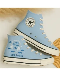 Embroidered Sea Beats Sneakers for Beach Lovers, Ocean Enthusiasts – Stylish Comfort for Casual Outings, Weekend Getaways - Custom Embroidered - Main View