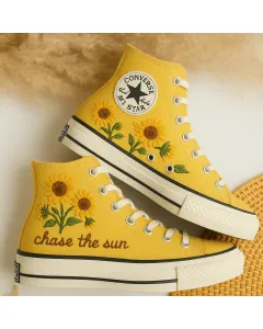 Embroidered Sunflower Canvas Sneakers for Women, Girls, Kids – Stylish Comfort for Everyday Wear, Summer Fun - Custom Embroidered - Main View