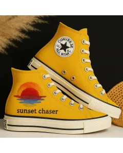 Embroidered Sunset Canvas Sneakers for Women, Teens, Girls – Stylish and Comfy for Casual Outings, Beach Walks for Weddings & Festivals - Custom Embroidered - Main View
