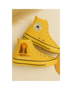 Embroidered Sunset Mustard Sneakers for Trendsetters, Fashionistas, Urban Explorers – Stand Out Style for Casual Outings, Streetwear - Custom Embroidered - Main View