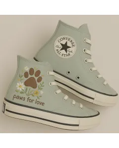 Floral Embroidered Paw Print Sneakers for Pet Lovers – Unique Design for Casual Outings, Pet Adoption Events - Custom Embroidered - Main View