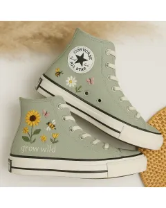 Floral Embroidered Sneakers for Trendsetters and Fashionistas – Stylish Statement Shoes for Everyday Wear, Outings - Custom Embroidered - Main View