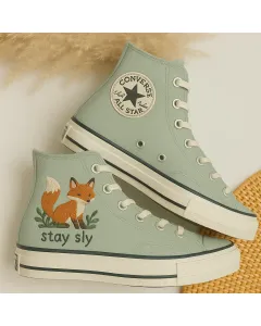 Fox Embroidered Sage Green Sneakers for Nature Lovers, Wildlife Enthusiasts – Unique Design for Casual Outings, Outdoor Adventures - Custom Embroidered - Main View