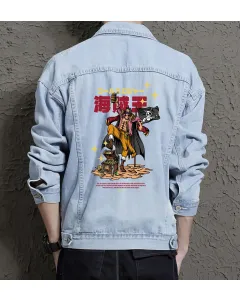 Gold Roger Jean Jacket for Men – Gift for Anime Fans – Christmas Gift - Light Blue - Main View