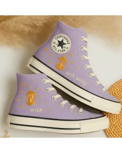Golden Embroidered Lilac Sneakers for Fashionistas, Trendsetters, Shoe Lovers – Stylish and Unique for Casual Outings, Everyday Wear - Custom Embroidered - Main View