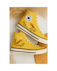 Golden Embroidered Sneakers for Fashionistas, Trendsetters, Streetwear Lovers – Unique Style for Casual Outings, Everyday Wear - Custom Embroidered - Main View