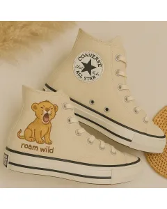 Lion Cub Design Beige Sneakers for Animal Lovers, Wildlife Enthusiasts – Unique Style for Casual Outings, Everyday Wear - Custom Embroidered - Main View