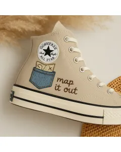 Map Design Embroidered High-top Sneakers for Travelers, Explorers, Adventure Seekers – Unique Style for Travel, Outdoor Activities - Custom Embroidered - Main View