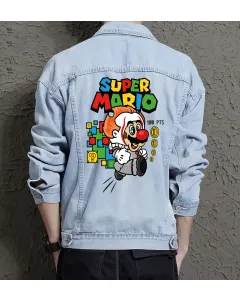 Mario Denim Jacket for Men - Gift for Retro Gamers - Christmas Present - Light Blue - Main View
