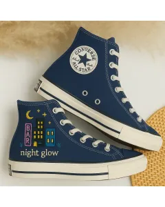 Neon Cityscape Embroidered Sneakers for Urban Explorers, Street Style Enthusiasts – Stand Out in the City, Everyday Wear - Custom Embroidered - Main View
