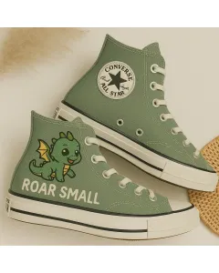 Playful Dragon Sage Green Sneakers for Trendy Fashionistas, Street Style Lovers – Unique Design for Casual Outings, Everyday Wear - Custom Embroidered - Main View