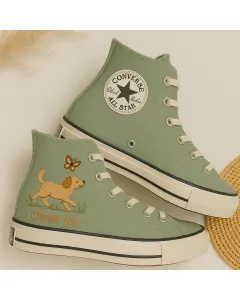 Puppy and Butterfly Sage Sneakers for Pet Lovers – Comfortable and Stylish Shoes for Casual Walks, Pet Adoption Events Perfect Gift for Dog Owners - Custom Embroidered - Main View