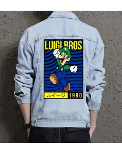 Retro Mario 1990 Denim Jacket for Men - Gift for Gamers - Nostalgic Collectible - Light Blue - Main View